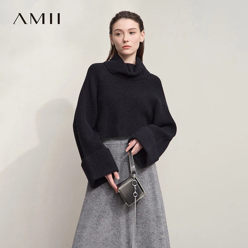 AMII Women's Sweater 2026 Winter New Turtleneck Long Sleeves Short Sweater Women's Loose Versatile Knitting Tops Ladies 12544012