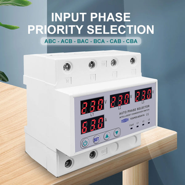 TOMZN 100A63A 3 phase 3P+N Din rail phase selector adjustable Over and Under Voltage current protection Monitor Relays Protector