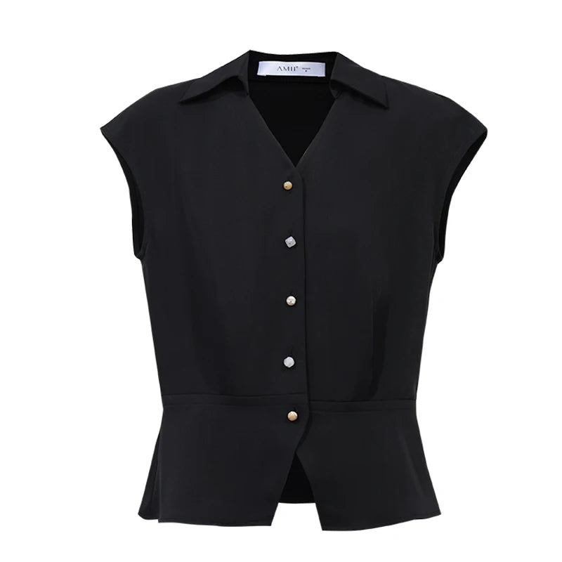 Amii Women's Blouse 2026 Summer New Lapel Collar Cap Sleeve Chiffon Top Women Stretch Office Casual Short Sleeve Shirt 12642095