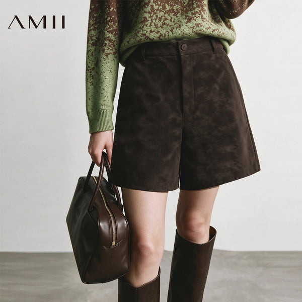 ខោខ្លី Amii សម្រាប់នារី រាងអក្សរ A រាងស្លីម ធ្វើពីស្បែក Suede សិប្បនិម្មិត សម្លៀកបំពាក់សម្រាប់នារី ខោខ្លីធម្មតាសម្រាប់រដូវស្លឹកឈើជ្រុះ 12623141