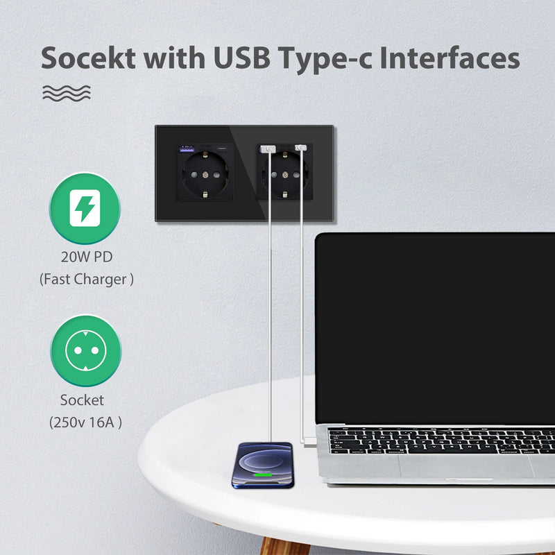 BSEED EU Standard Wall Power Sockets Type-C Interface Outlet USB Fast Charge Port 20W Glass Panel Kids Protection 16A
