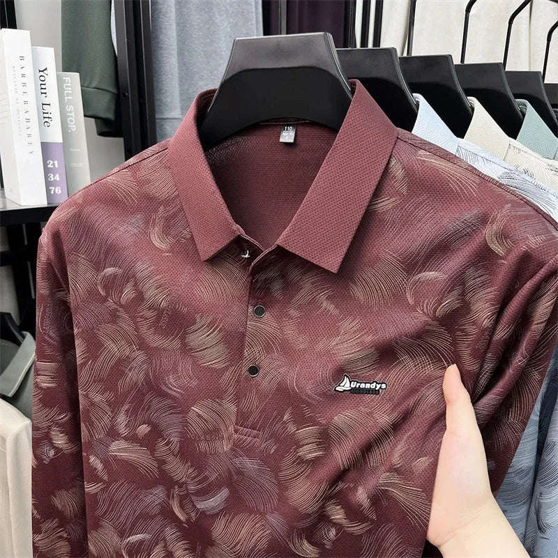 Men Breathable Mesh Polo Short Sleeve Lap Collar Abstract Feather Print Button Placket Relax Daily Wear Top