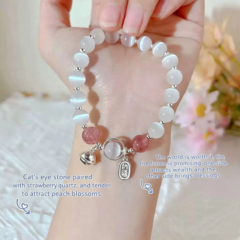 White Cat Eye Stone Beaded Bracelet Silver Plated Butterfly Charm Bracelet Adjustable Tassel Dangle Crystal Bracelets for Women
