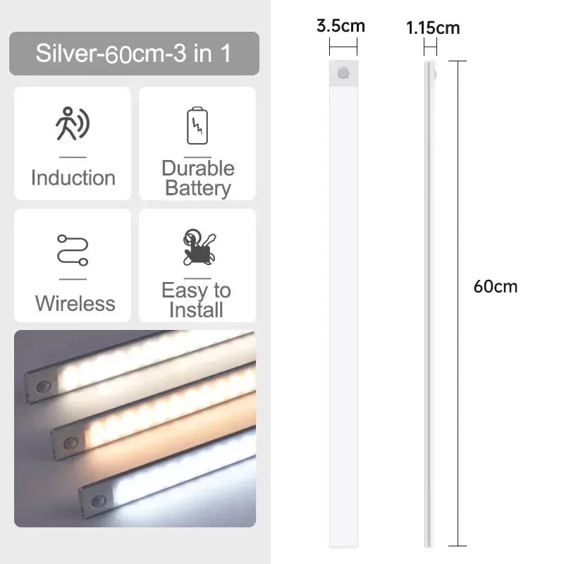 ភ្លើងក្រោមទូ LED ឧបករណ៍ចាប់សញ្ញាចលនា ភ្លើងពេលយប់ ចង្កៀងស្តើងអាចសាកបាន អាចបន្ថយពន្លឺបាន ចង្កៀងទូផ្ទះបាយ បន្ទប់គេង ភ្លើងបំភ្លឺទូខោអាវ