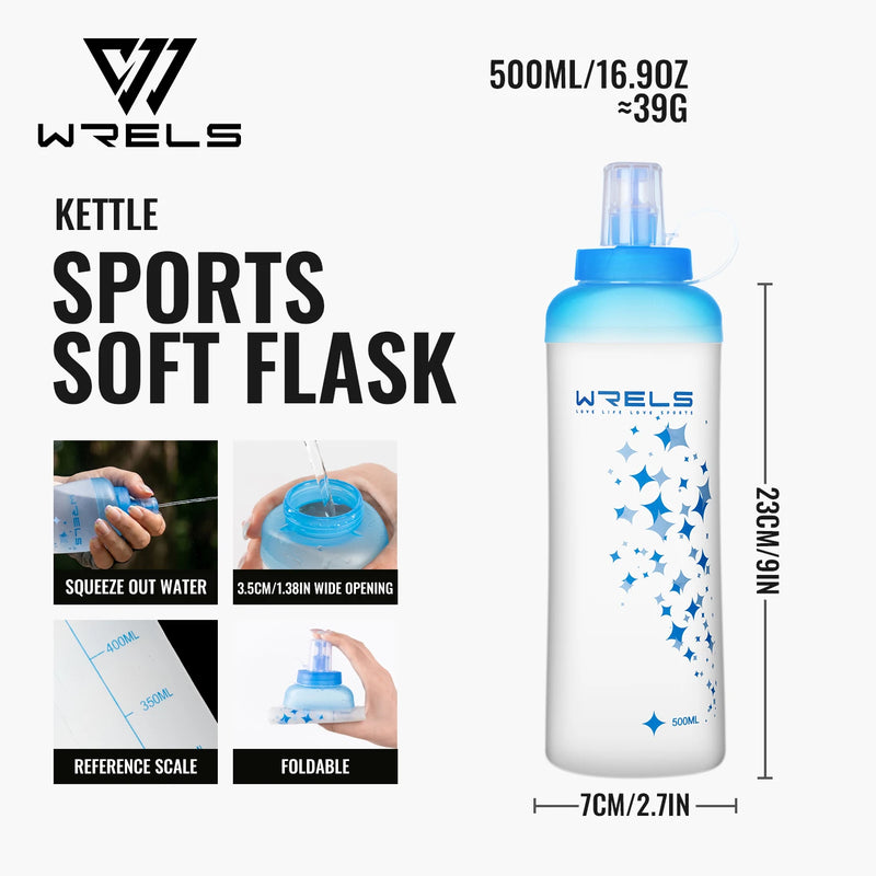 WRELS Collapsible Water Bottle Soft Flask Leak Proof BPA Free Hydration Bottle Ultralight Running Hiking Cycling Squeeze Bottle