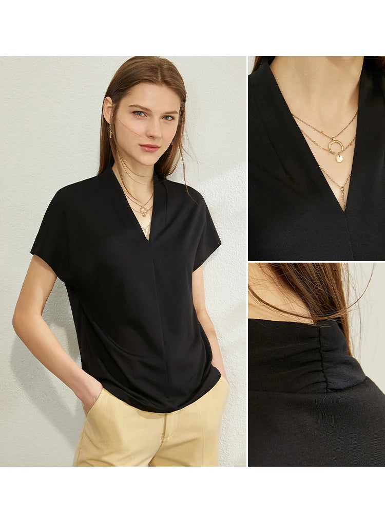 អាវយឺត AMII Minimalism រដូវក្តៅឆ្នាំ ២០២៦ សម្រាប់នារី រចនាបថបុរាណ ក V ដៃខ្លី អាវ និងអាវយឺតលាត 12612011