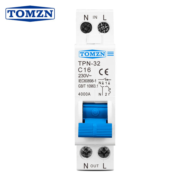TOMZN TPN 1P+N Mini Circuit Breaker MCB 6A 10A 16A 20A 25A 32A Din Rail Mounting Miniature Household Air Switch