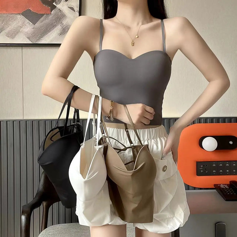 Sexy Hollow Back Three Cross Suspenders Integrated Steel-free Underwear Slim-fit Chest Pad Vest Women One Piece Pajamas Top