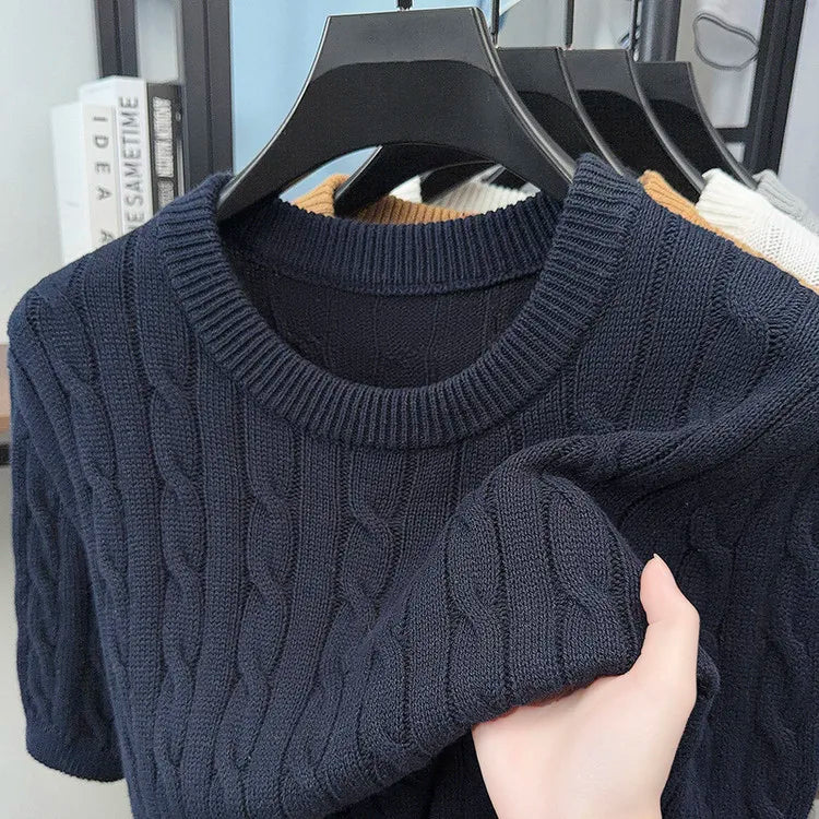 Men's Vintage Cable Knit Short Sleeve Sweater 100% Cotton Casual Crew Neck Pullover