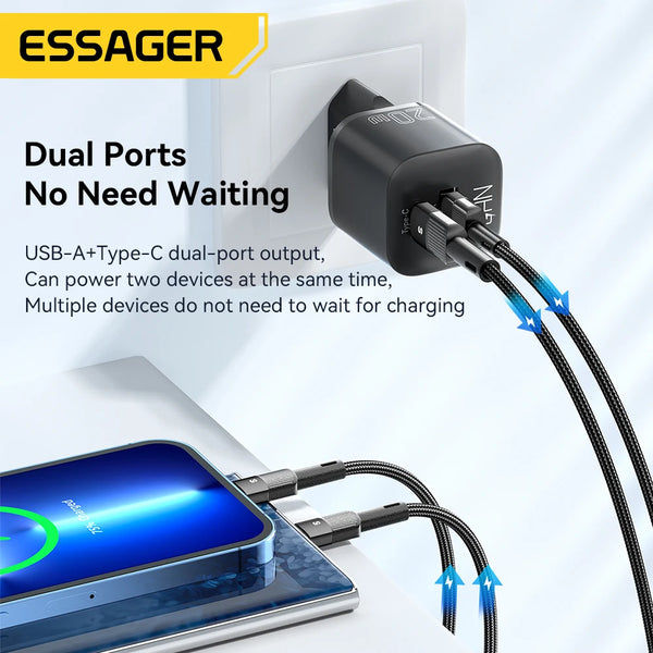 ឆ្នាំងសាក Essager 20W GaN USB Type C PD សាកថ្មលឿន QC 3.0 សម្រាប់ iPhone 14 13 12 11 Pro Max Mini iPad សាកថ្មបានលឿន