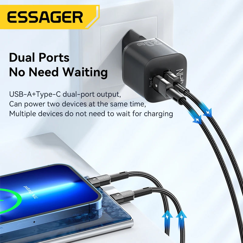 ឆ្នាំងសាក Essager 20W GaN USB Type C PD សាកថ្មលឿន QC 3.0 សម្រាប់ iPhone 14 13 12 11 Pro Max Mini iPad សាកថ្មបានលឿន