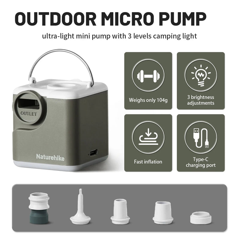 Naturehike Wind-air Inflatable Pump Outdoor Multifunctional Camping Light Portable Air Pumps 2400mAh Battery USB Rechargeable