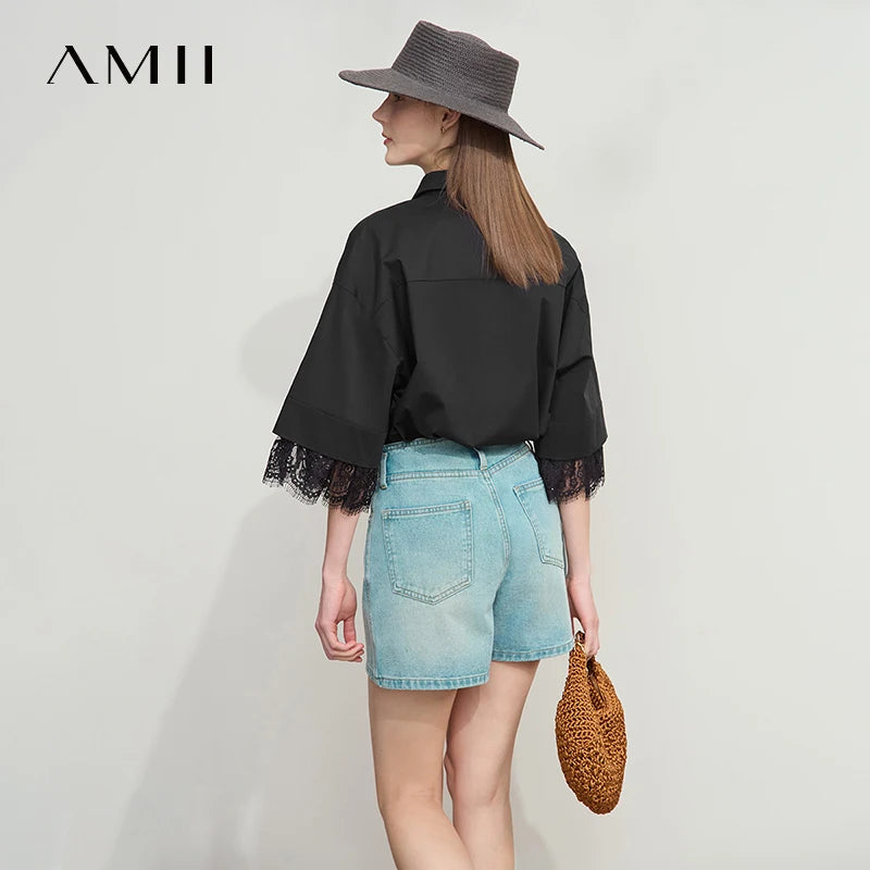 អាវកប្បាស Amii Minimalist សម្រាប់ស្ត្រីឆ្នាំ ២០២៥ រដូវក្តៅថ្មី ដៃអាវពាក់កណ្តាលស្មា រាងរឹង រំយោល 12542096