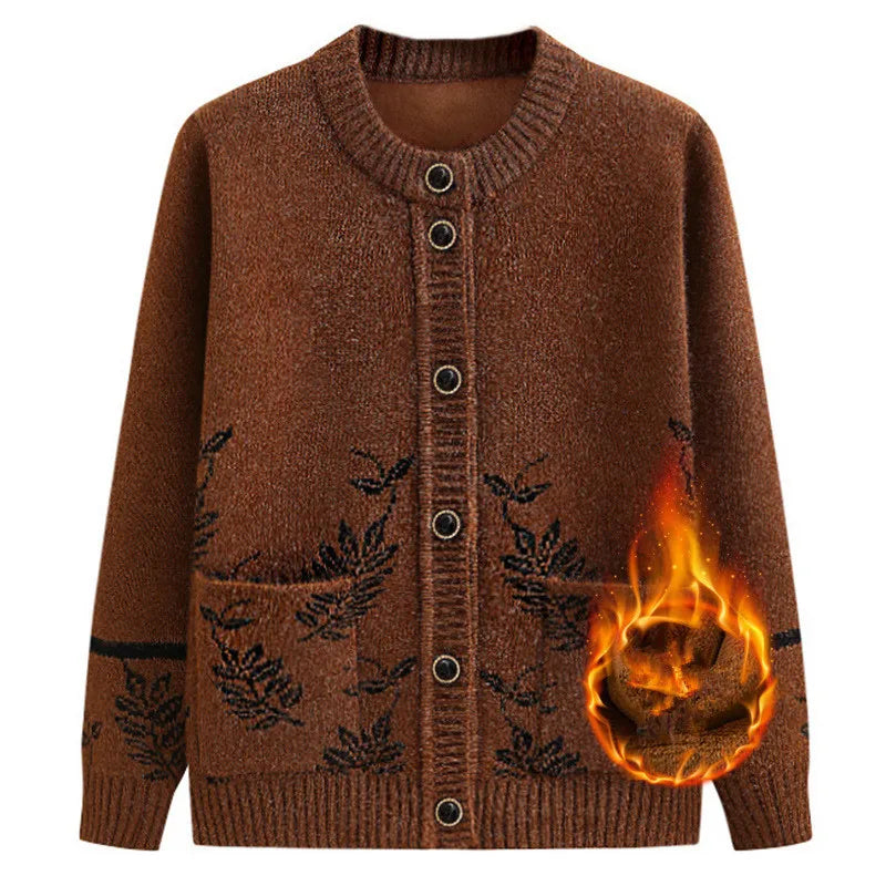 New Middle-Aged Elderly Women's Sweater Spring Autumn Cardigan Velvet Thicken Mother Knitted Top Grandma Winter Warm Coat