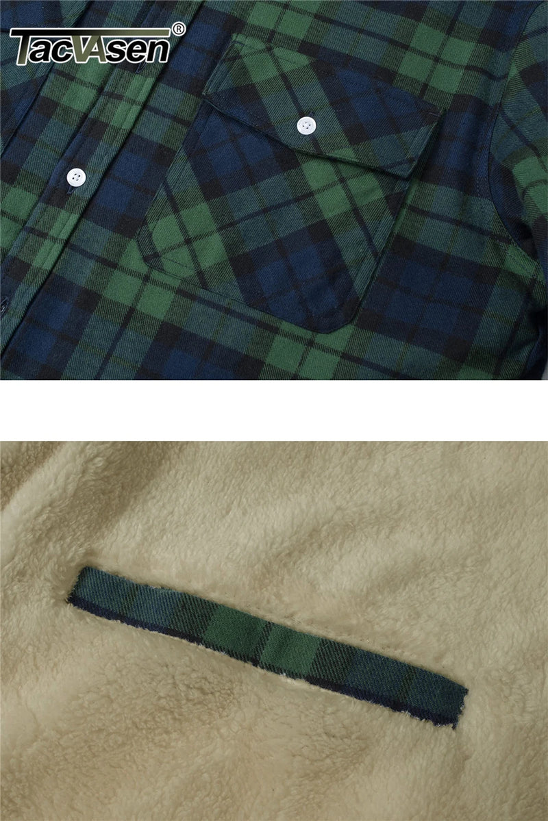 TACVASEN Fleece Lining Jackets Mens Flannel Cotton Jackets Plaid Casual Button Down Cargo Work Coats Thicken Outwear Man Tops