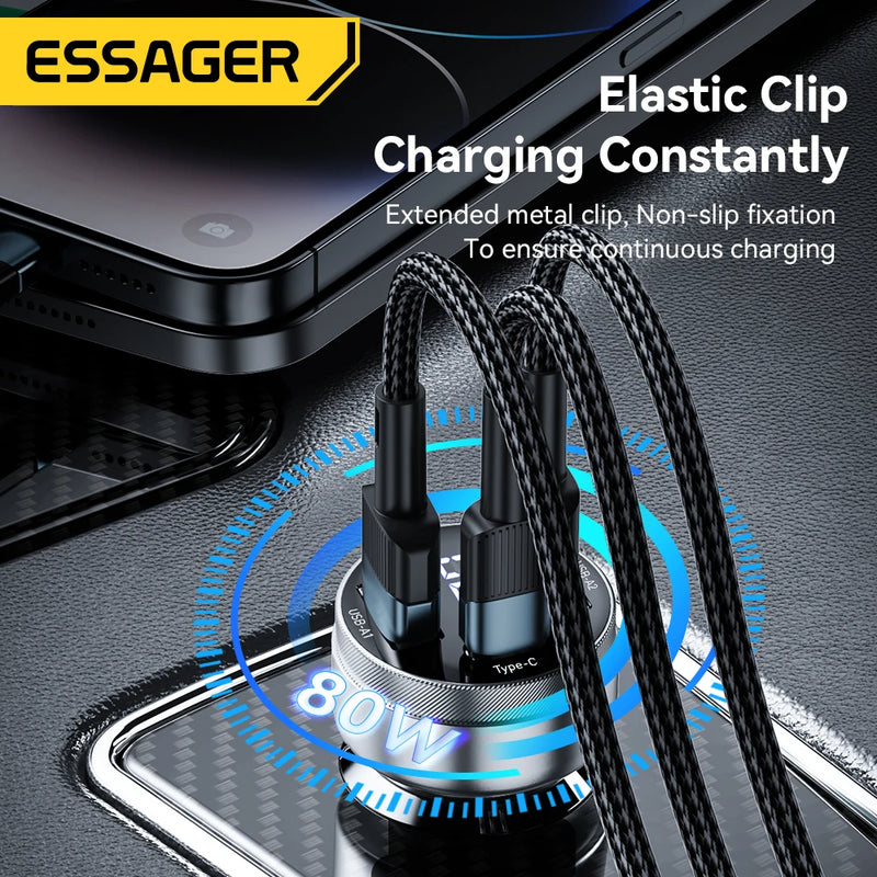 ឆ្នាំងសាករថយន្ត Essager 80W USB Type C PD សាកថ្មលឿនសម្រាប់ទូរស័ព្ទ iPhone 14 13 Huawei Xiaomi Samsung iPad កុំព្យូទ័រយួរដៃថេប្លេត