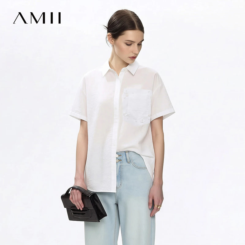 Amii Women's White Shirt 2026 Summer New Beaded Lapel Organza Patch Short Sleeve Blouse Loose Women's Casual Shirts 12642010