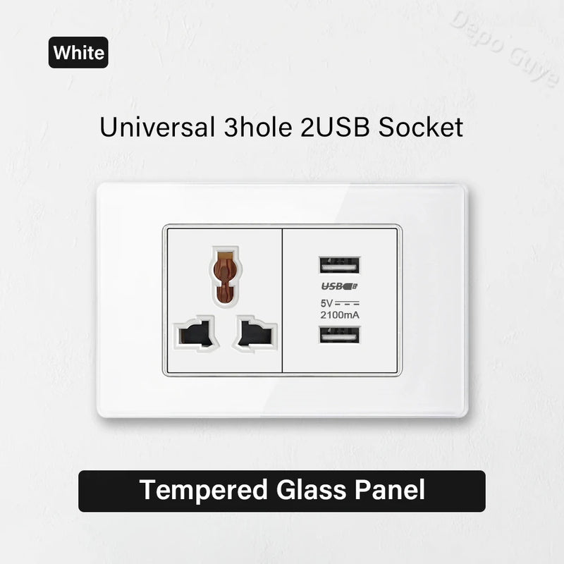 White Tempered Glass Panel Wall Light Switch Rocker Button EU Sockets Fast Charging CAT6 TV Power Outlet 118*75mm 16A AC110-250V