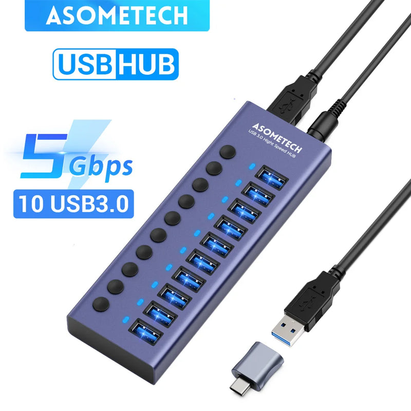 រន្ធ USB 3.0 ចំនួន 4/7/10 រន្ធ ឧបករណ៍បំបែកថាមពលច្រើនប្រភេទ ឧបករណ៍បំលែងថាមពល 12V ជាមួយកុងតាក់បើក/បិទ ឧបករណ៍បំបែក USB មជ្ឈមណ្ឌលល្បឿនលឿនសម្រាប់កុំព្យូទ័រយួរដៃ MacBook