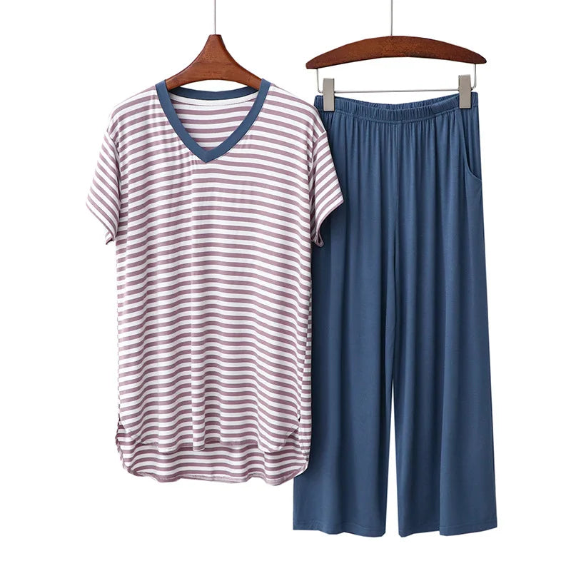 Spring Summer Pajamas For Women New Pijama Mujer Modal Stripe V Neck Shirt Nine Point Pants Suit Loose Home Wear Clothes