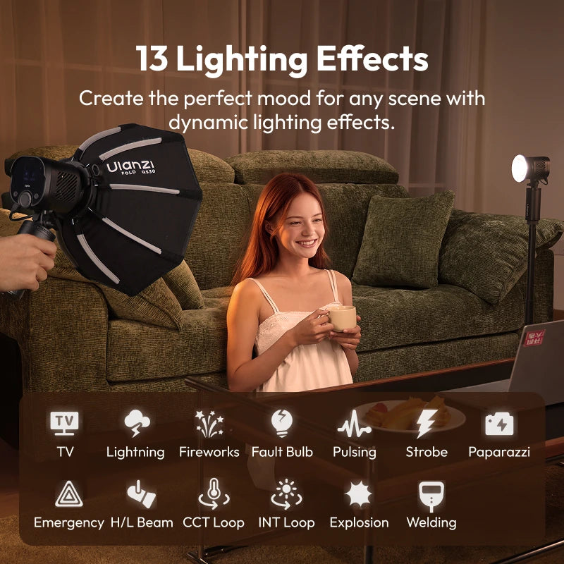 ភ្លើងវីដេអូ Ulanzi LC60 60W ចល័ត LightOn COB ជាមួយចំណុចទាញ Mini Bowens 2700-6500K ភ្លើង LED សម្រាប់ស្ទូឌីយោ APP Control