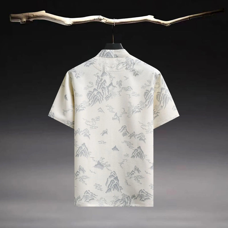 Chinese-style Men's Beige Short-sleeve Jacquard Shirt; Summer Blue Single-breasted Stand-collar Shirts.
