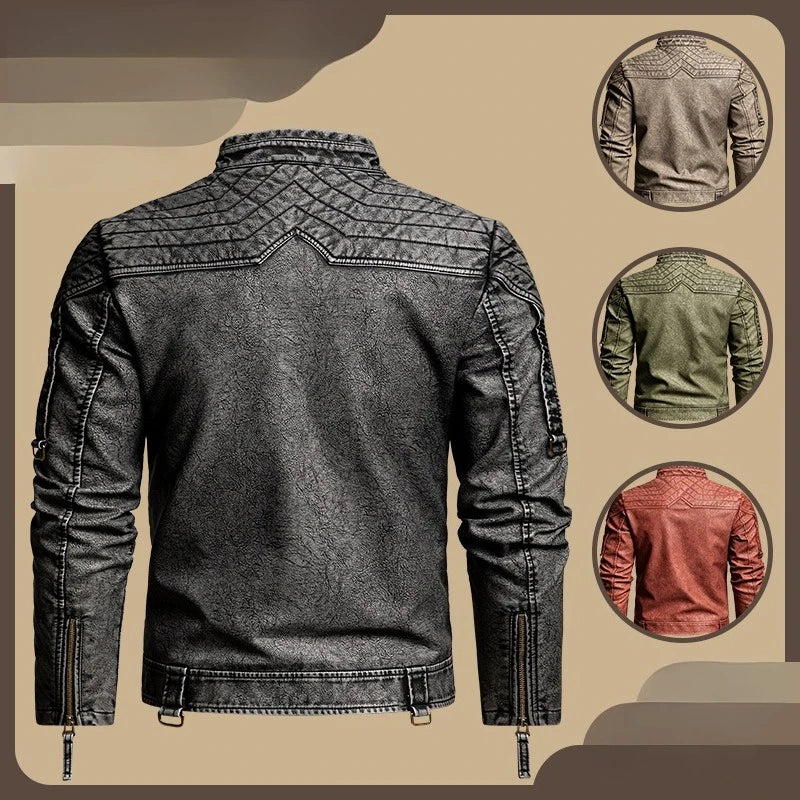 Men's Long-sleeve PU Jacket for Spring and Fall, Available in Gray-black Faux Leather Coat, with Khaki and Green Options.