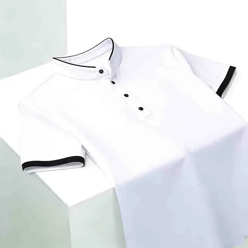 Men's Solid Black Stand Collar Short Sleeve Polo Shirt Half Button Pocket-free Casual Business Tee