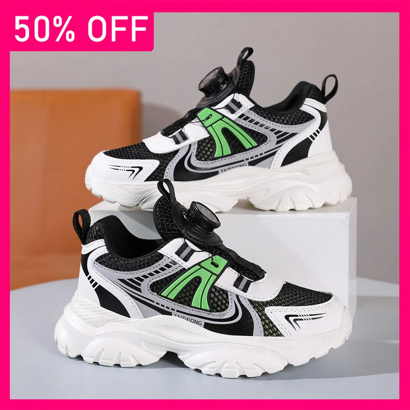 Kids Sneakers New Rotating Buckle Breathable Mesh Thick Sole Rebound Fitness Shoes Comfortable Versatile Casual Shoes for Girls