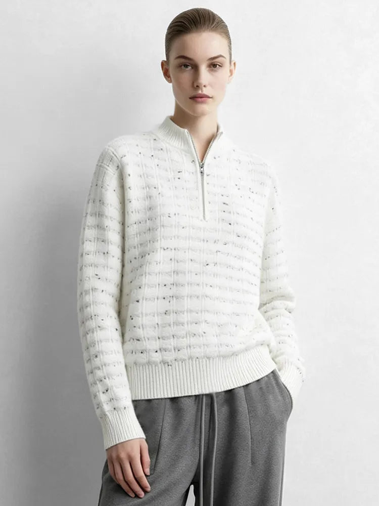 អាវយឺត Amii Speckled Yarn Mock Neck ប៉ាក់ពាក់កណ្ដាល Zip ស្មាទម្លាក់ចុះ ដៃអាវវែងទំហំធំ អាវយឺតរដូវរងាធម្មតាសម្រាប់នារី 12644045