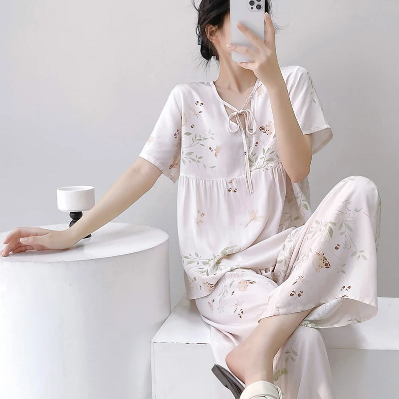 Women’s Summer Pajamas 2 Piece Sets Night Wear for Ladies Short Sleeve Sleepwear Homewear Floral Sleeping Wear for Woman Pijama