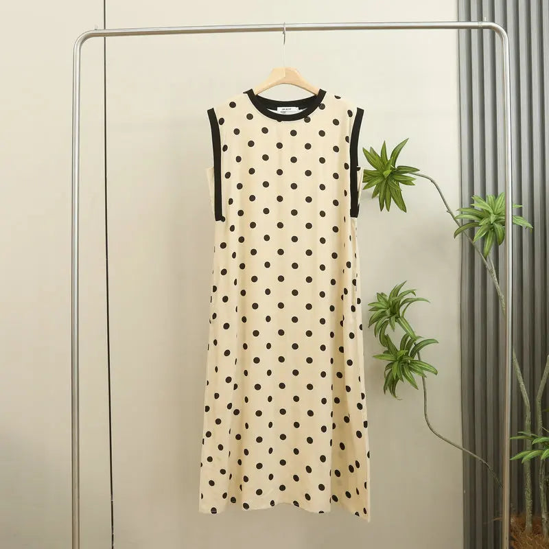 Large Size Cotton Silk Sleeveless Dress Women's Loose Polka Dots Leopard Print Nightdress Loungewear Round Neck Nightgowns