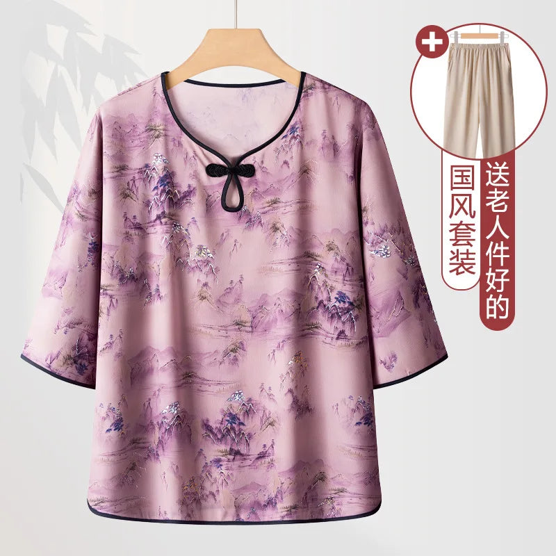 ឈុតគេងសម្រាប់ស្ត្រី XL-4XL ប៉ាក់ដោយកប្បាស បោះពុម្ពបែបបុរាណ សម្រាប់ម្តាយវ័យកណ្តាល ស្លៀកក្រៅផ្ទះ