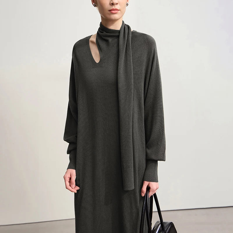 Amii Dress For Woman 2025 Winter New Solid Color Loose Elastic Wool Long Dresses Elegant Hollowed-out Female Clothing 12554076