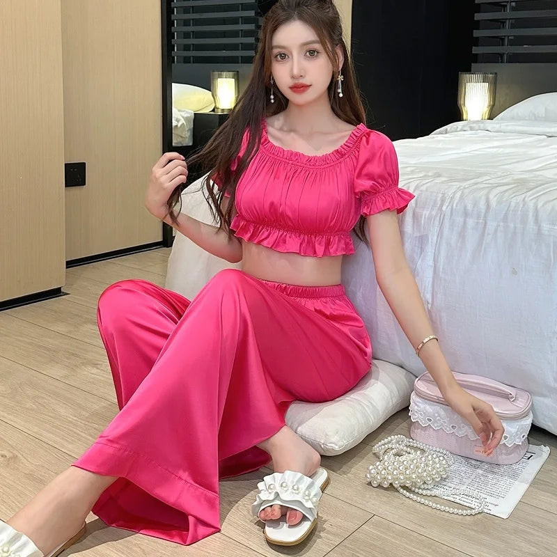 Sexy Women’s Nightwear Set Summer Pajamas for Woman Short Sleeve Long Pants 2-Piece Pyjama Sleepwear Suit Lounge Wear Pijama