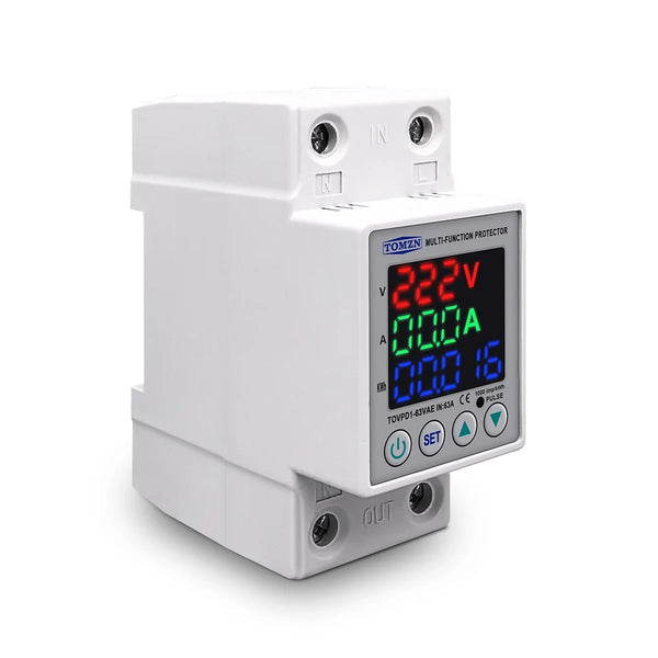 TOMZN 63A 230V DIN Rail Adjustable Over Under Voltage Protective Device Protector Relay with Current Protection Energy Meter