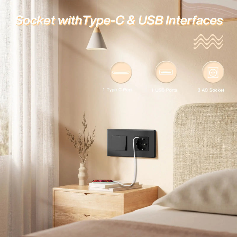 BSEED Mechanical Button Switches With Power Socket 1/2/3Gang 1Way Plastic Panel Electrical Outlets USB Type-C Wall Socket 16A
