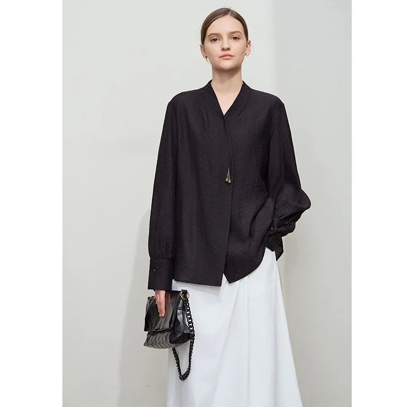 អាវ AMII Minimalist Chiffon សម្រាប់នារី រដូវស្លឹកឈើជ្រុះ ឆ្នាំ២០២៥ អក្សរសាស្ត្រ Retro ស្រាល ខ្យល់ចេញចូលបាន ធ្វើពីក្រណាត់ទេសឯក Lycra ប៊ូតុងរលុង 12541094