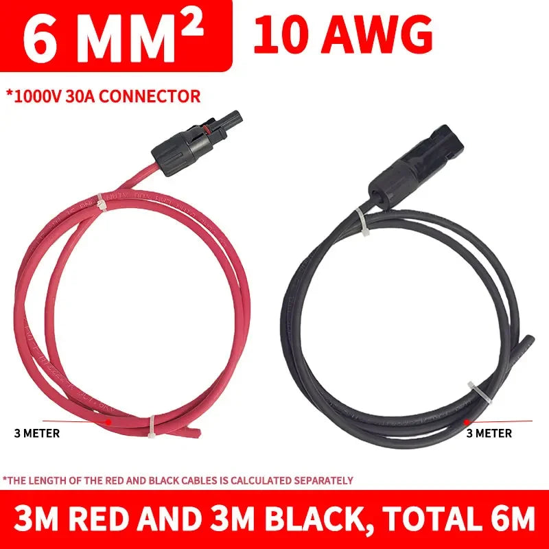 6 mm² 10AWG Extension Cable PV1-F Solar Panel Wire, Waterproof DC Connector Male & Female Pair for Photovoltaic System