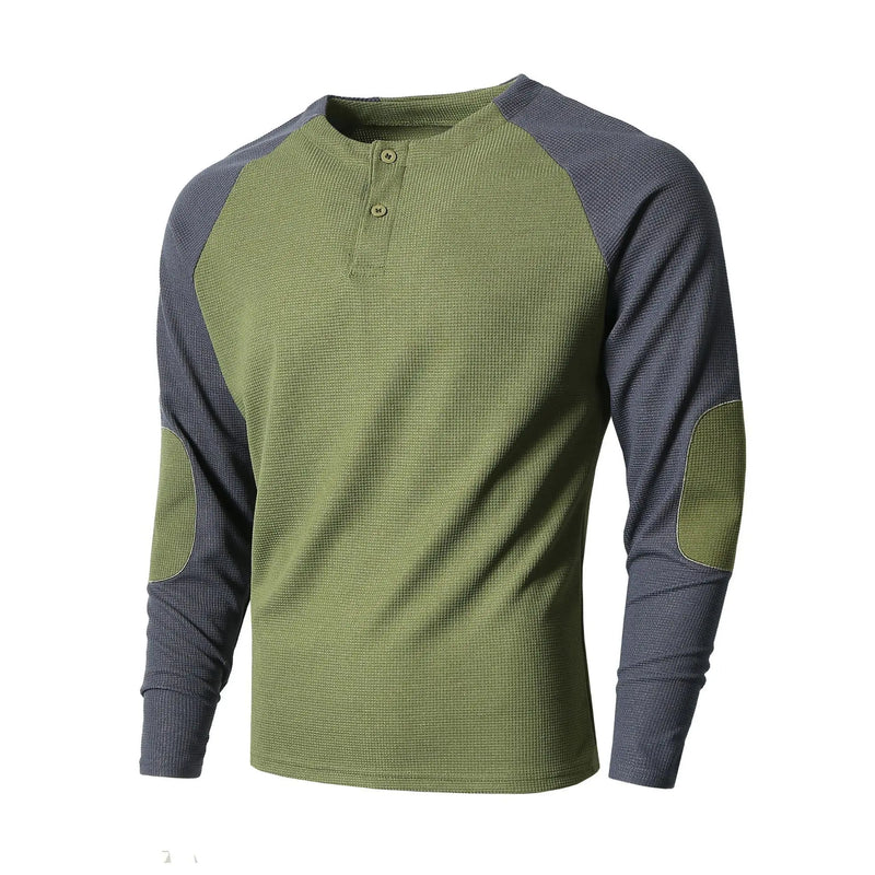 Men's Autumn Outdoor Breathable Long - Sleeve Round - Neck Waffle Knit Sweatshirt with Raglan Sleeve Splicing