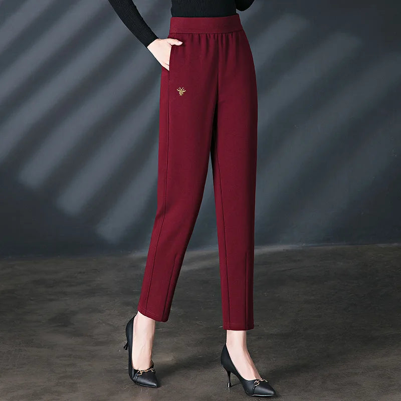 Women's Red High-waisted Harem Pants, Black Elastic Waist Casual Pant, Beige Girls' Embroidered Stretch Trousers. Asian Sizes