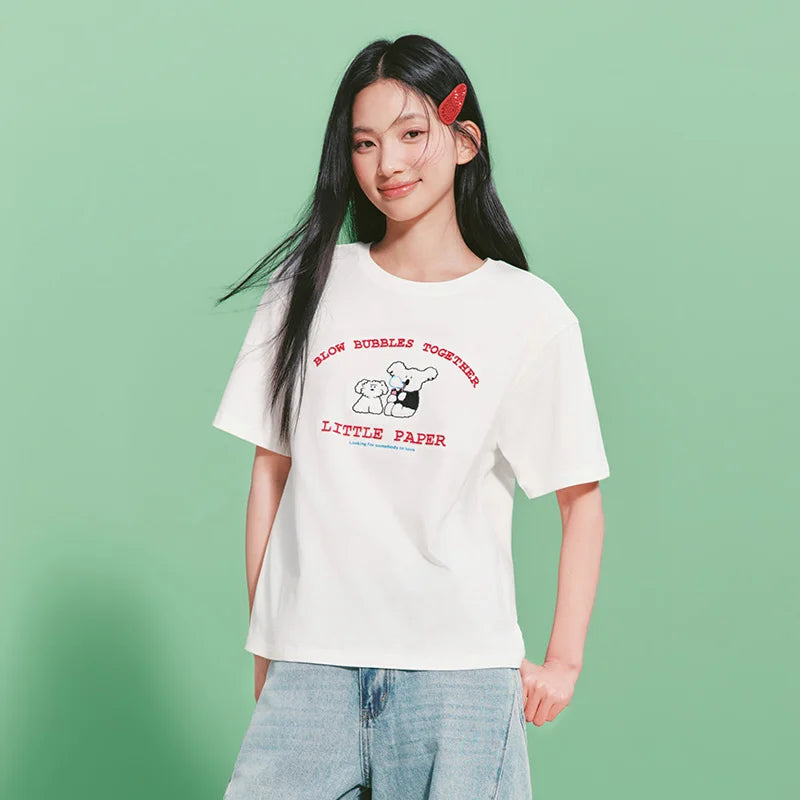 Semir Women Tshirt Cotton Funny Embroidered Casual Fashion Versatile Basic Top 2026 Summer Simple Daily Comfort Wear