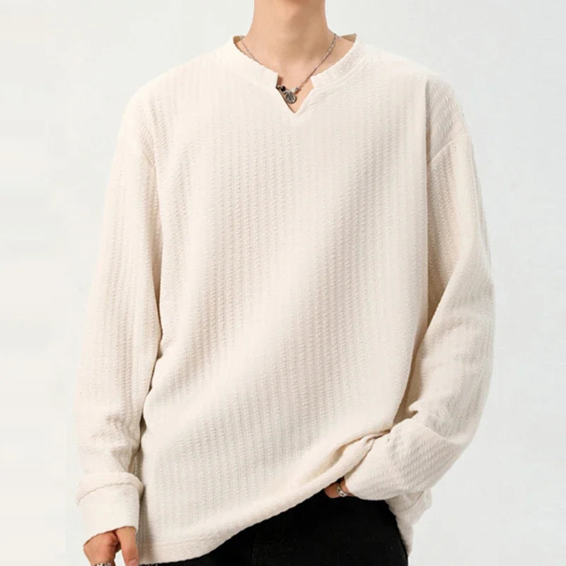 Male Trendy Vertical Weave Top Long Sleeve Notch Neck Irregular Hem Suitable For Dating Weekend Outings Street Scenes