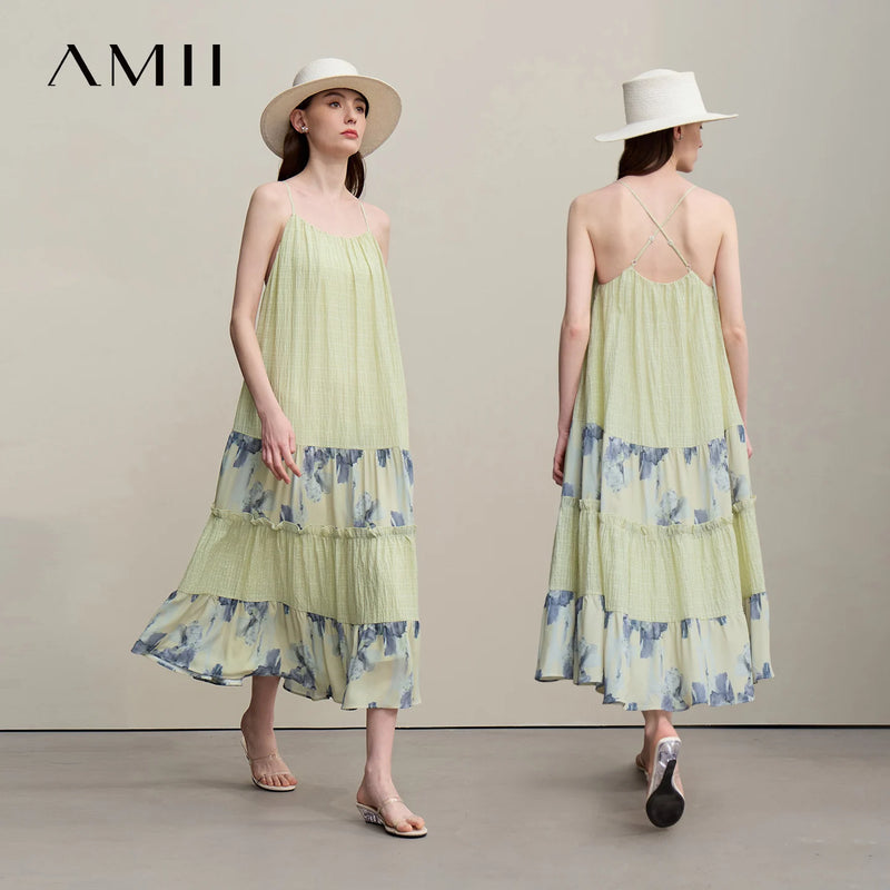 Amii Women's Chiffon Dress 2026 Summer New Spaghetti Strap A-Line Holiday Casual Printed Patchwork Midi Dress For Women 12651039