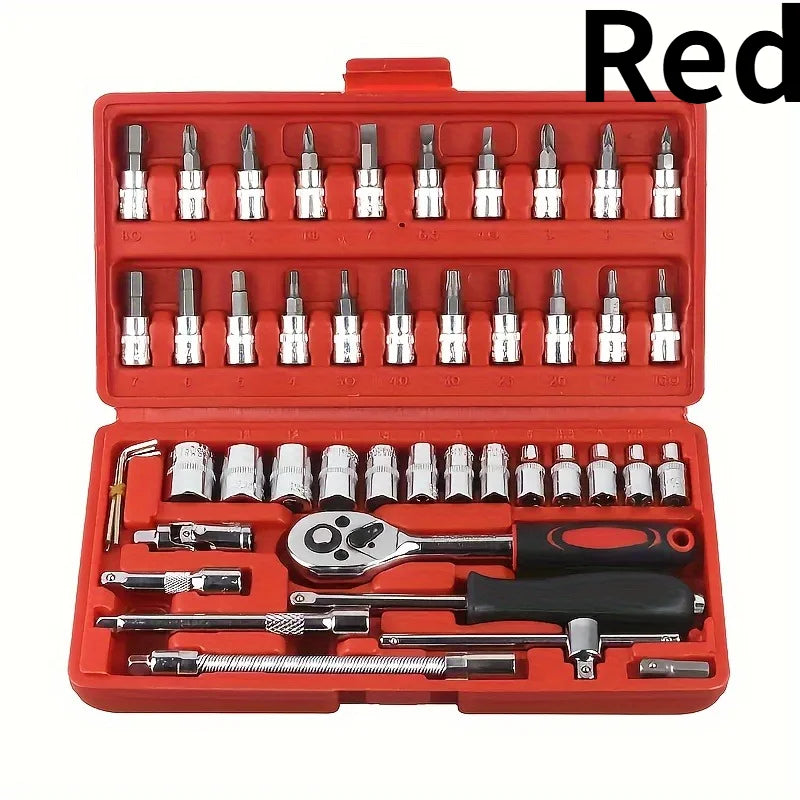 46pcs Toolbox for Car Repair Tool Kit - Including Metric Ratchet, Socket, Wrench Kit For Automotive And Mechanical Repairs.