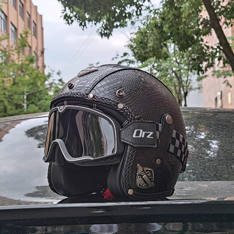 Retro Motorcycle Helmet PU Leather Open 3/4 Chopper Bicycle Helmet CapacetDOT Certification