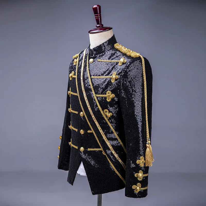 Men's Black Stand-up Collar Jacket in A Court-style Design with Gold Buttons; Ideal for Nightclubs, DJs, Stage Performances.