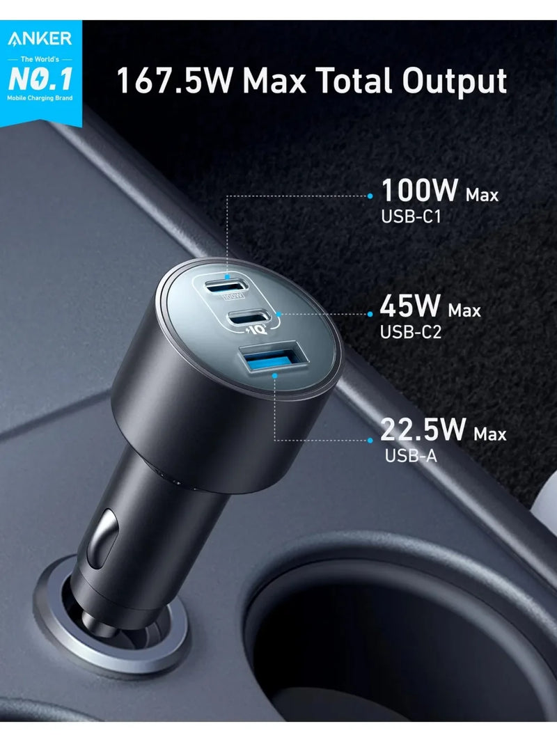 ឆ្នាំងសាករថយន្ត Anker Original 167.5W 3-Port USB-C USB-A PD Fast Charging Adapter សម្រាប់ MacBook Laptop iPhone Samsung Smartphone