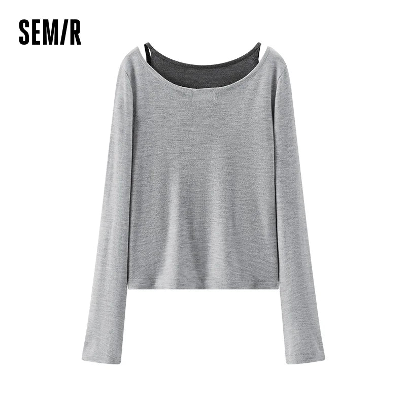Semir Knitted Sweater Women Winter Short Length Fake Two-Piece Color Block Embroidered Slim 2025 New Sexy Stylish Top