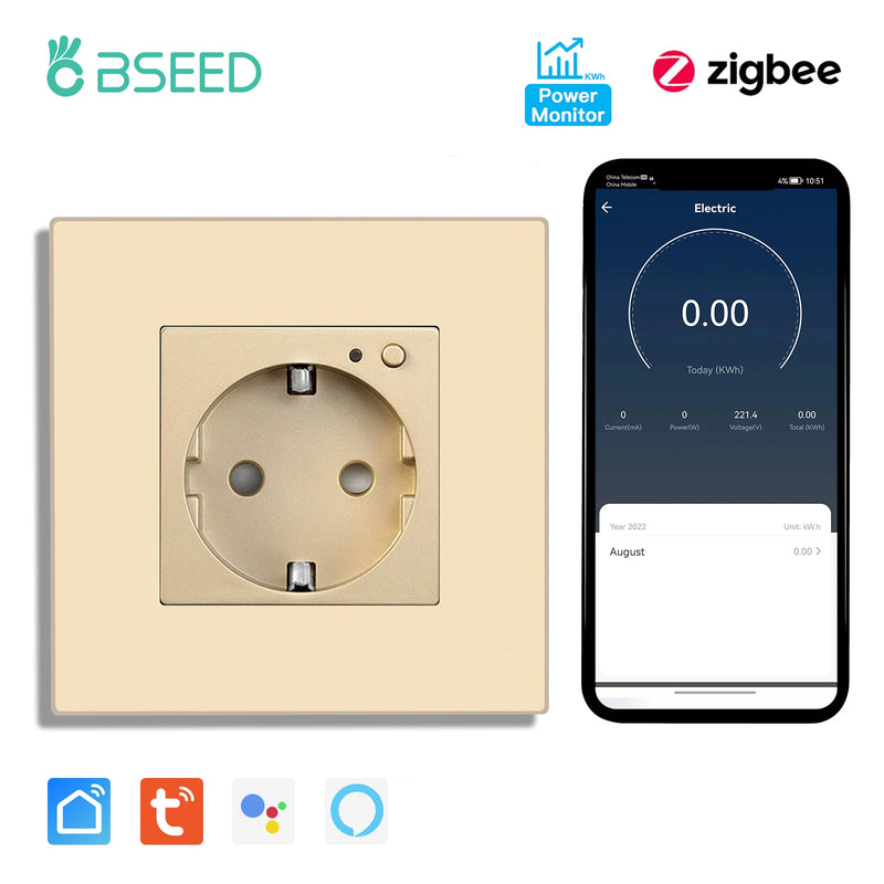 BSEED EU Standard Zigbee Wall Socket Smart Power Monitor Socket 220V 16A Plastic Panel Tuya Alexa Google Smart Life Control